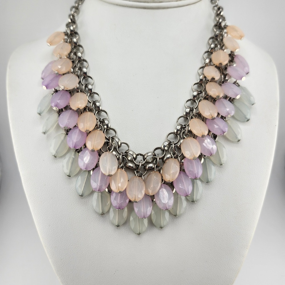 Statement Necklace Pastel Pink Purple Gray Bead Dangle Silver Tone Chain Fashion